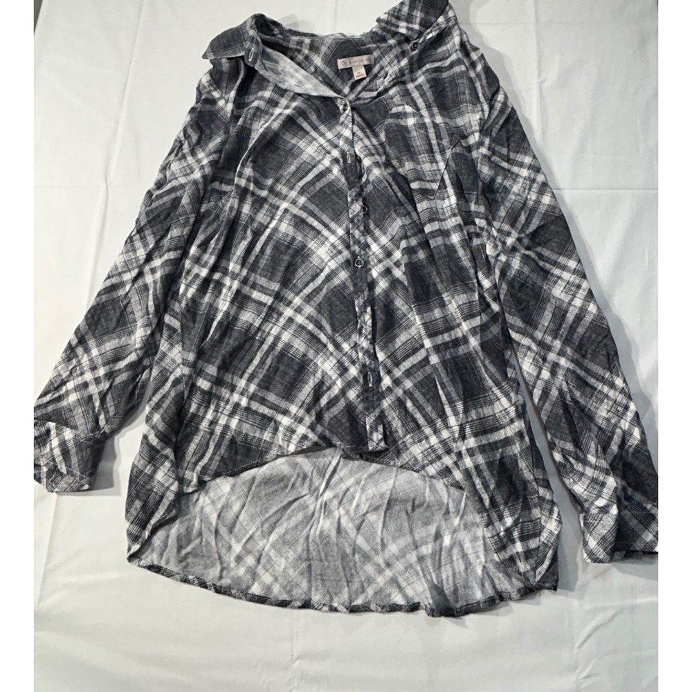 C.J. Banks Womens XL Grey White Plaid Button Down High Low Long Sleeve Shirt